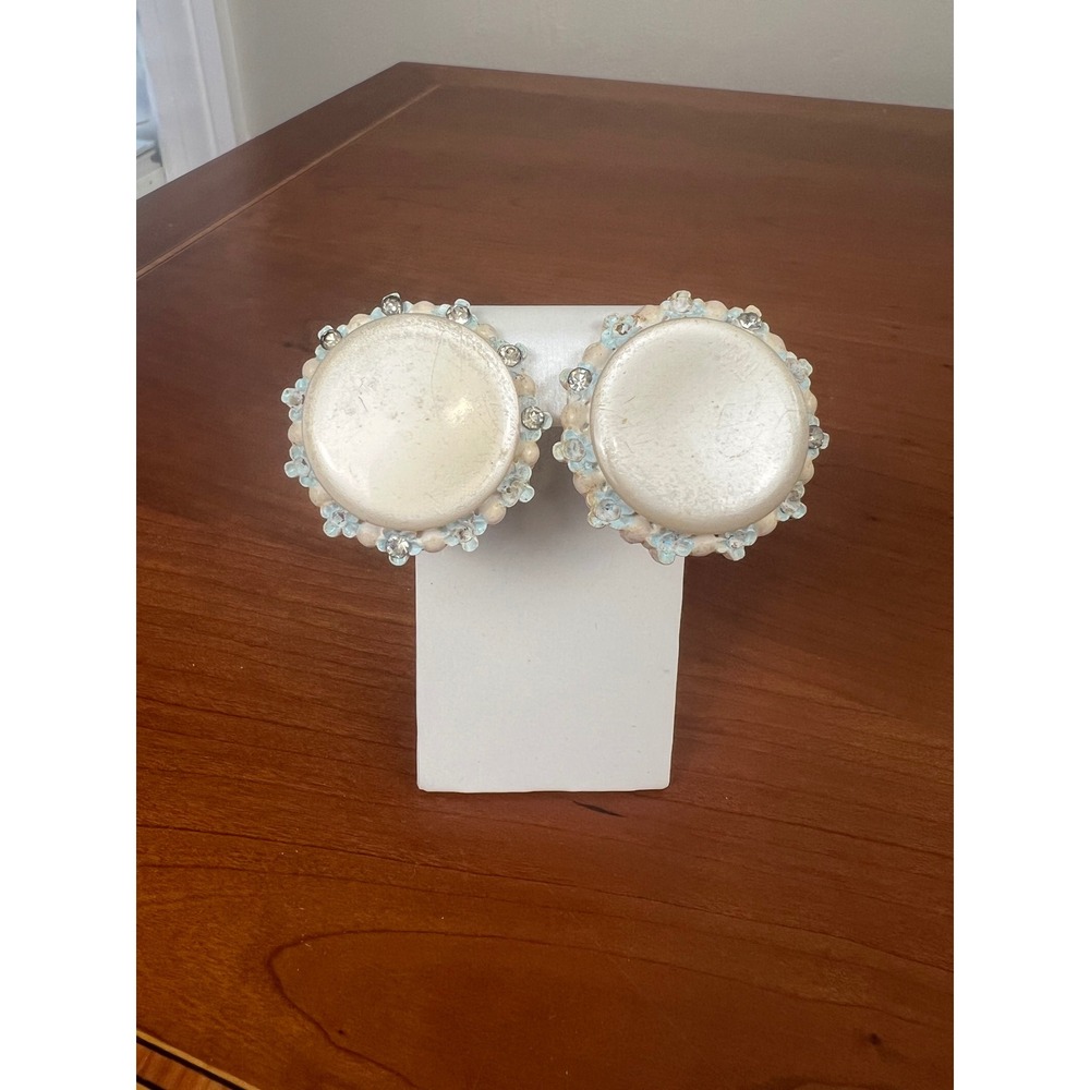 Vintage 1950s Japan Clip On Earrings Cream Cabochon Blue Beaded Rhinestone Retro